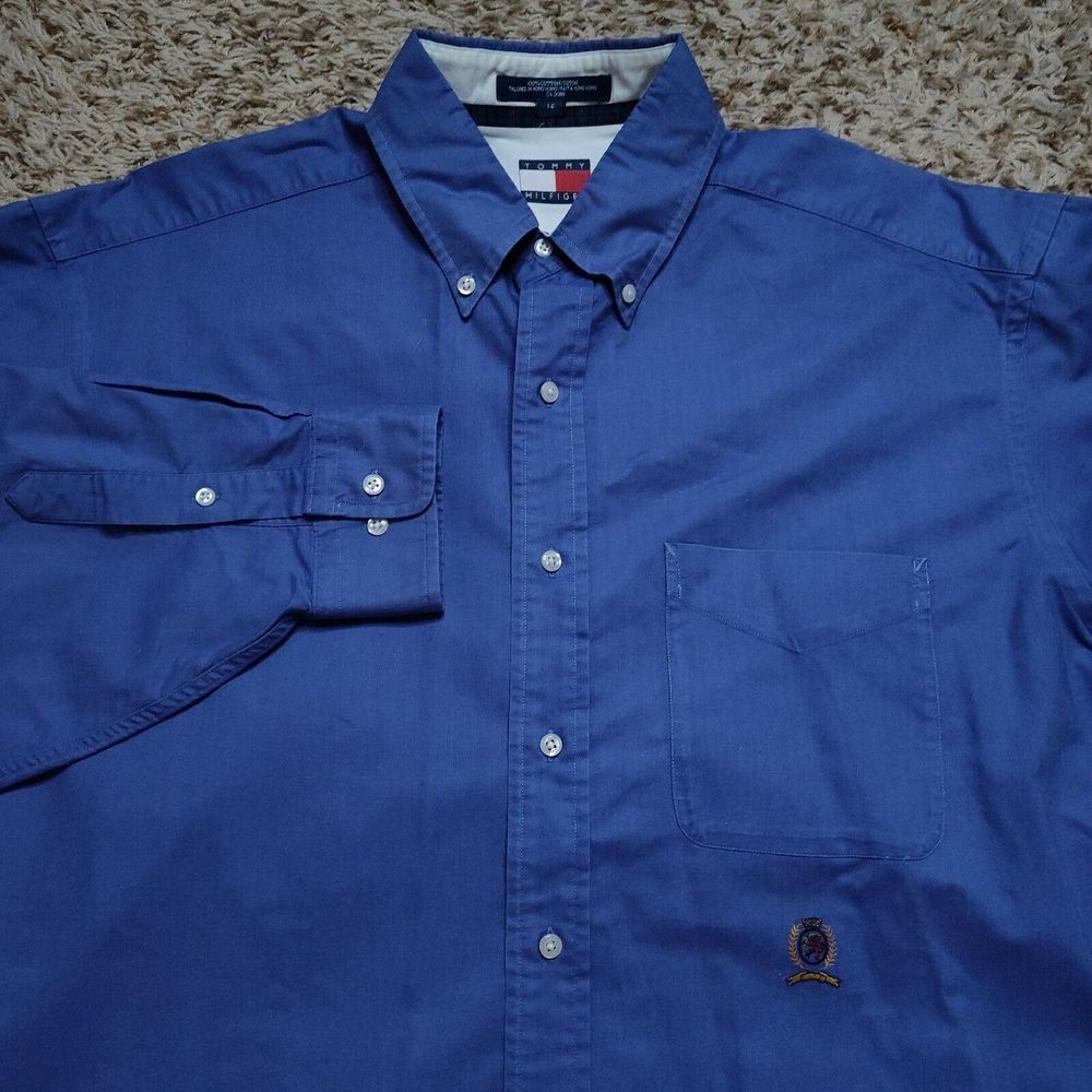 VTG Tommy Hilfiger Blue Men Sz L 16 34-35 Oxford Long Sleeve Button Up Shirt